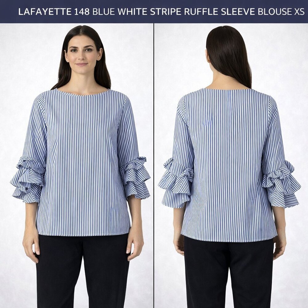 Lafayette 148 Blue and White Relaxed Ruffled Blouse Size XS